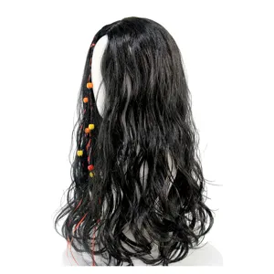 Black long wavy pirate wig with colorful beads braided for Halloween cosplay party use and costume.