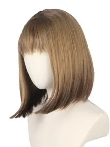 Detail view of the brown short straight bob wig with neat bangs on a mannequin head.