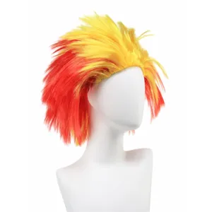 Red and yellow gradient spiky wig detail, anime cosplay hair styling, heat resistant fiber.