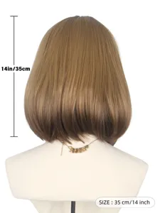 Short straight bob wig in dark brown gradient, 14 inch synthetic daily fashion hair.