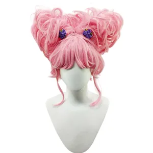 Pink cosplay wig with buns and curls, perfect for anime role play and Halloween parties.