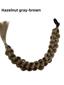 Synthetic braid hair extension detail, hazelnut gray brown color, hair ring design.