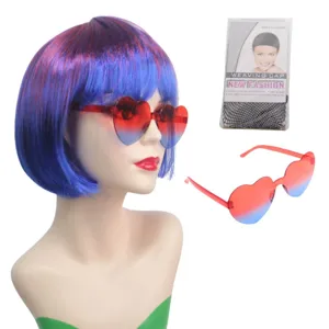 Perruque bob dégradée colorée avec lunettes de soleil en cœur et filet à cheveux lot