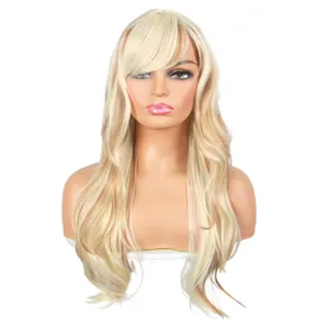 Perruque longue et bouclée blond clair pour femme, coiffure synthétique tendance naturelle.