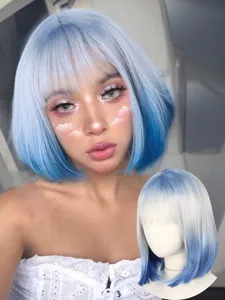 Short blue gradient bob wig with bangs, stylish synthetic hair for daily wear and cosplay.