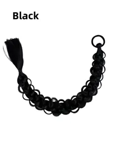 Detailed view of black synthetic braided hair ponytail extension with ring and tassel design.