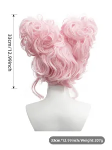 Pink fluffy curly cosplay wig with cute double buns design for anime costume parties.