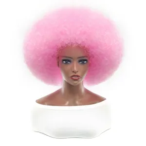 Pink fluffy afro wig for party costume. Short synthetic hair costume wig for adults.