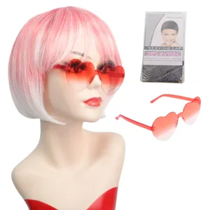 Perruque carré rose blanche avec lunettes de soleil cœur rouge, accessoires de fête élégants.