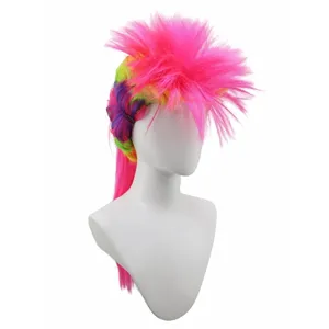 Bunte Punk Cosplay Perücke mit leuchtend rosa spitzen Oberteil und langem Haar für Halloween.