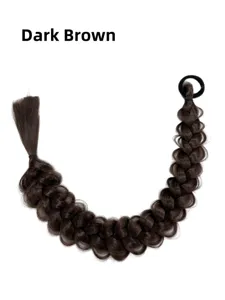 Dark brown synthetic braided hair extension detail view, long braided hair ring for styling.