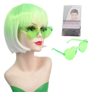 Perruque bob verte avec lunettes de soleil cœur vertes et ensemble de filet à cheveux.