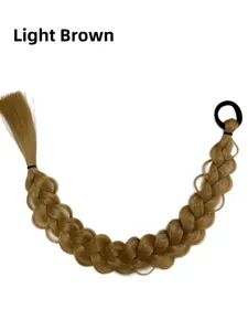 Synthetic long braided hair extension with black elastic band in light brown color for daily use.