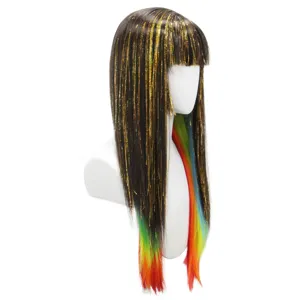 Lange glatte Perücke mit goldenem Lametta und Regenbogen-Enden, Lolita Pony, Party.