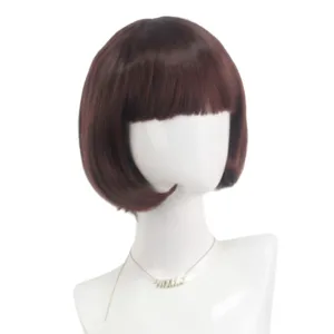 Short brown bob wig detail, smooth synthetic hair texture with neat bangs for styling.