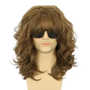 Detail of the 80s punk rock men's curly wig with bangs, brown short fluffy hair style.