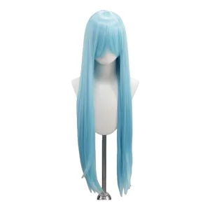 Hellblaue lange glatte Cosplay Perücke 80cm mit Pony, ideal für Anime Styling und den Alltag.