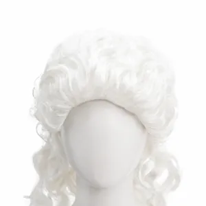 Detailed view of fluffy white curly wig on mannequin, retro court style for Halloween.