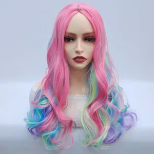 Parrucca sintetica lunga e riccia con ciocche rosa e colorate per donne e cosplay.