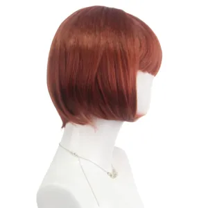 Short red bob wig detail view, straight bangs styling, smooth texture and natural look.