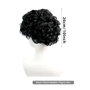 Men black curly synthetic short wig detail view, fluffy fashion hair replacement system now.