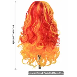 Red yellow gradient long curly wig for cosplay and parties, 24cm lightweight anime hair.