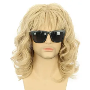 Men short blonde curly wig punk rock cosplay synthetic hair with bangs for daily party use