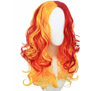 Red and yellow long curly wig, split dye center part synthetic hair for cosplay and party events.