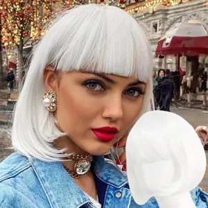 White bob wig short hair with bangs fashion daily styling synthetic hair for women main view