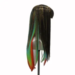 Lange glatte Regenbogen Perücke mit Pony und Goldlametta, ideal für Lolita und Party.