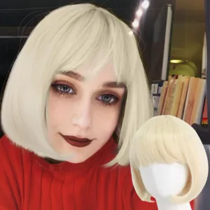 Short blonde bob wig with bangs for women, daily fashion styling synthetic hair wig.
