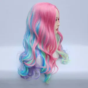 Parrucca sintetica lunga e riccia con gradiente rosa e blu per cosplay in stile anime.