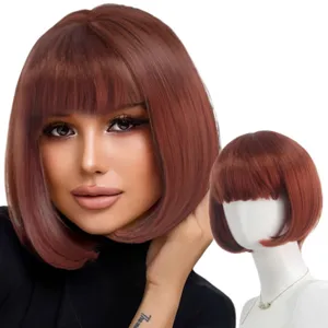 Women short red bob wig with bangs stylish synthetic hair wig for daily wear and fashion styling.