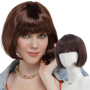 Women short brown bob wig with bangs synthetic daily wear fashion hair replacement piece