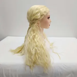 Blonde braided long wavy cosplay wig, perfect for fancy dress parties and character roleplay.