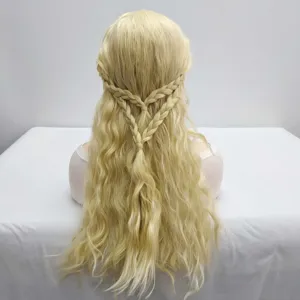 Blonde long curly wig with intricate braided details, perfect for cosplay and costume events.
