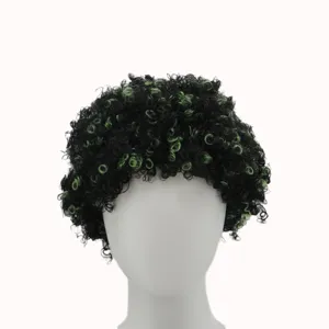 Retro black and green curly afro wig short party hair for women and men daily wear