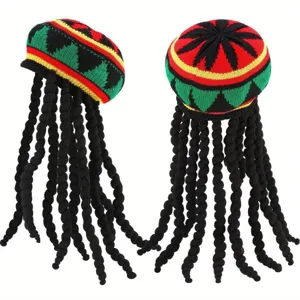 Rasta Strickmütze mit schwarzen Dreadlocks Perücke, ideal für Reggae Party und Karneval.