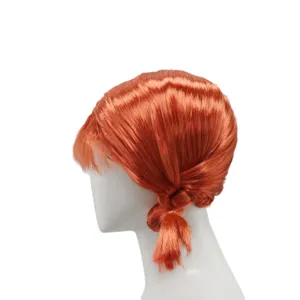 Short orange anime cosplay wig with bangs and twisted braided ponytails for party.
