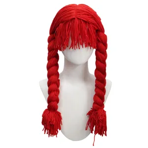 Bright red yarn braided wig for cosplay costume party funny character hair piece accessory