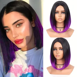 Black and purple gradient short straight bob wig, natural synthetic high temperature hair style.