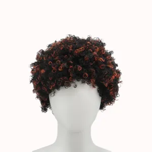 Closeup of the black and red afro curly wig texture, showing the 70s retro style and volume details.