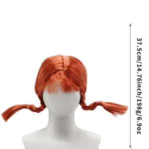 Orange short cosplay wig with bangs and braided pigtails, perfect for Halloween parties.