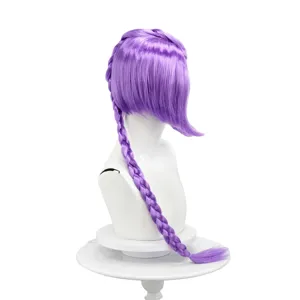 Purple anime cosplay wig featuring a long side braid and short asymmetrical fringe for events.