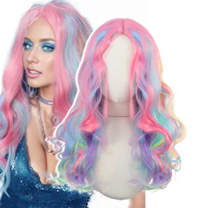 Donne Moda Parrucca Lunga Riccia Colore Sfumato Anime Capelli Sintetici Riga in Mezzo Parrucca Ondulata per Festa Quotidiana