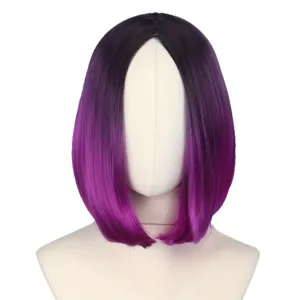Black to purple ombre short straight bob wig for women synthetic hair natural daily wear.