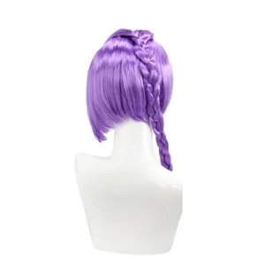 Detail view of purple cosplay wig back showing neat braid and soft synthetic strands.
