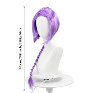 Purple synthetic cosplay short wig with single braid for kids and anime fans, 92cm length