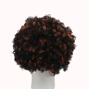 Close-up detail of the black and orange curly afro wig showing fluffy texture and retro style.