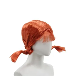 Vibrant orange short cosplay wig with bangs and braided pigtails, ideal for Halloween parties.